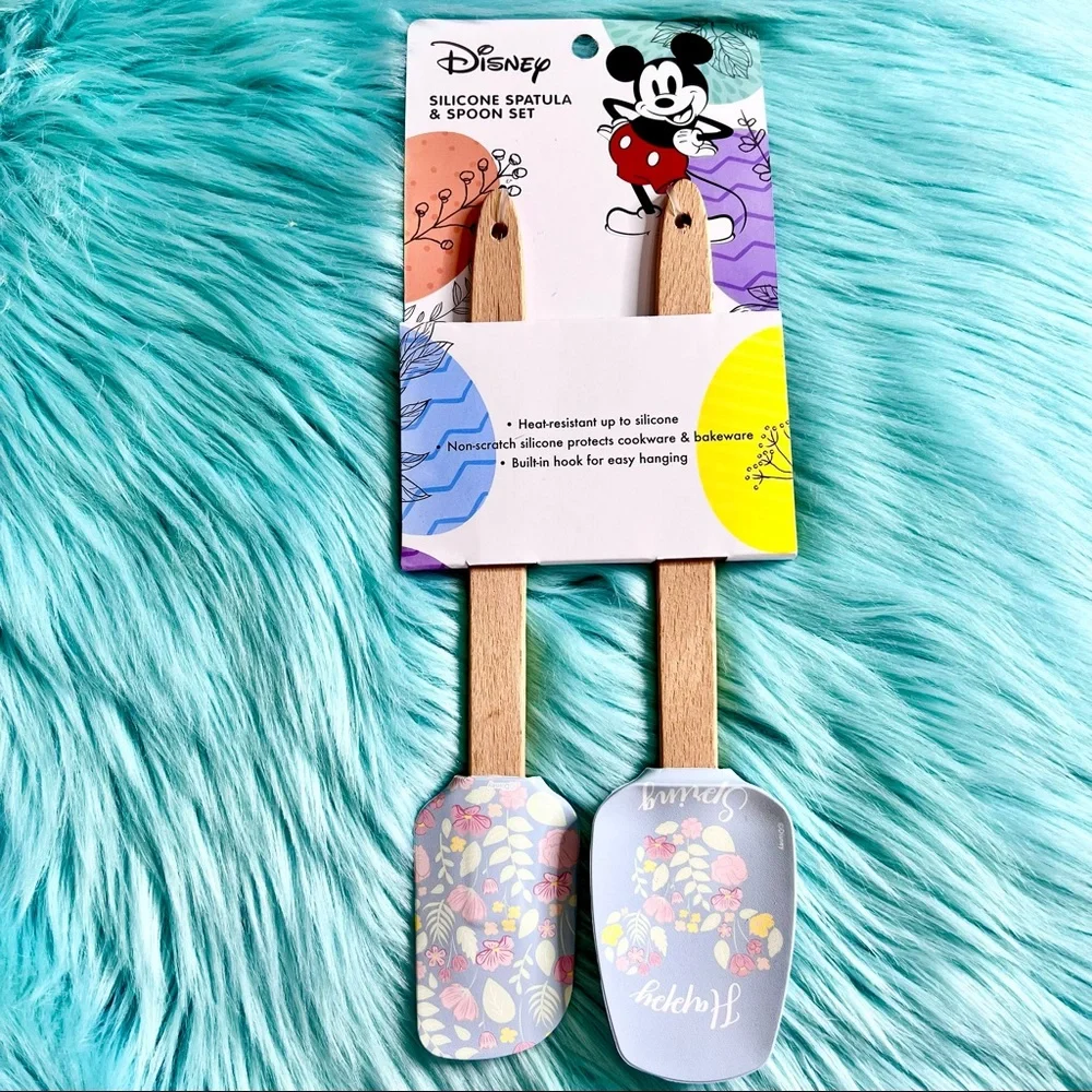 Disney Mickey Floral Silicone Spatula & Spoon Set Wooden Handles